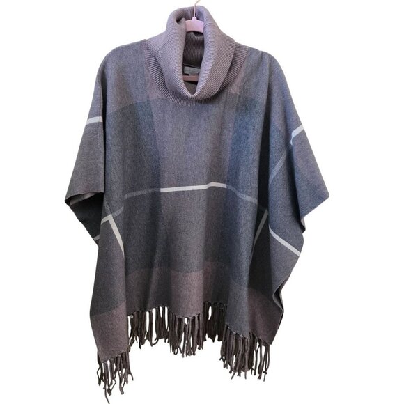 House Of Harlow 1960 Fringe Windowpane Plaid Poncho One Size - Picture 2 of 9